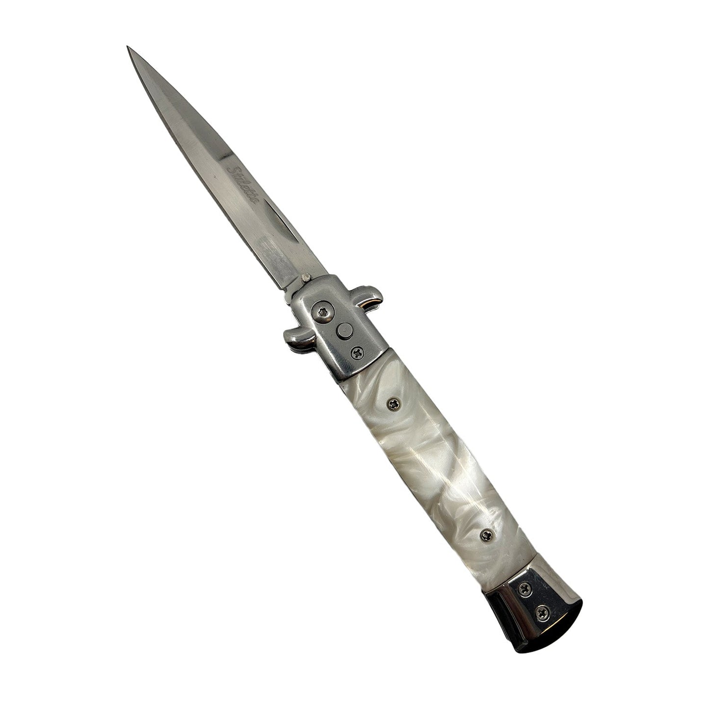 Stiletto automatic knife with white pearl handle and polished stainless steel blade