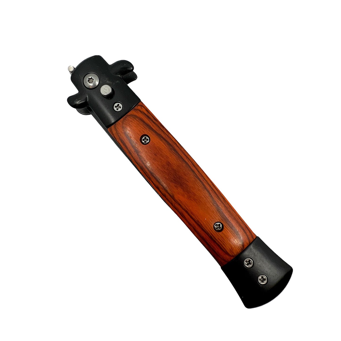 Closed Stiletto automatic knife with polished wood handle and black bolster ends