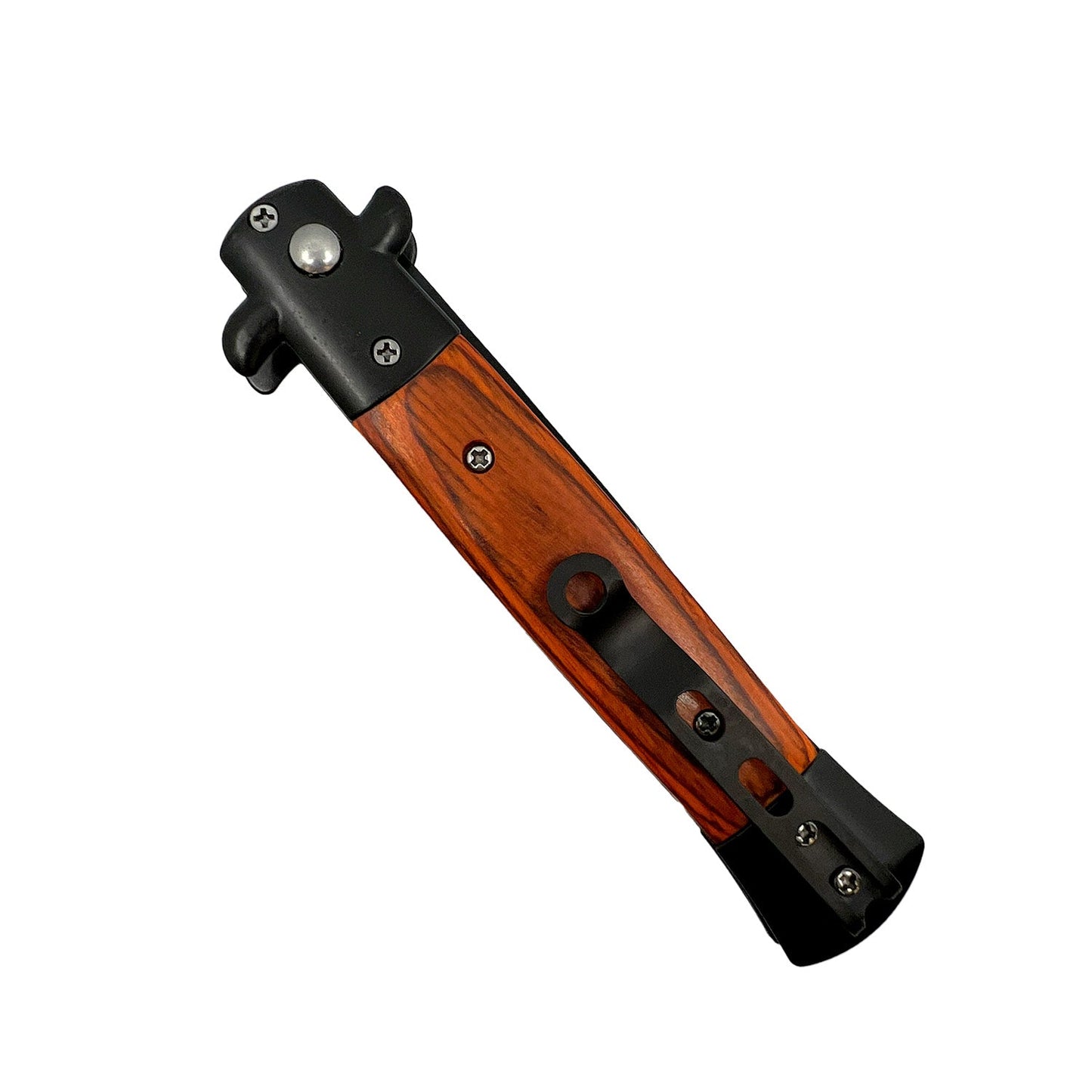 Stiletto automatic knife folded showing pocket clip and wood handle design