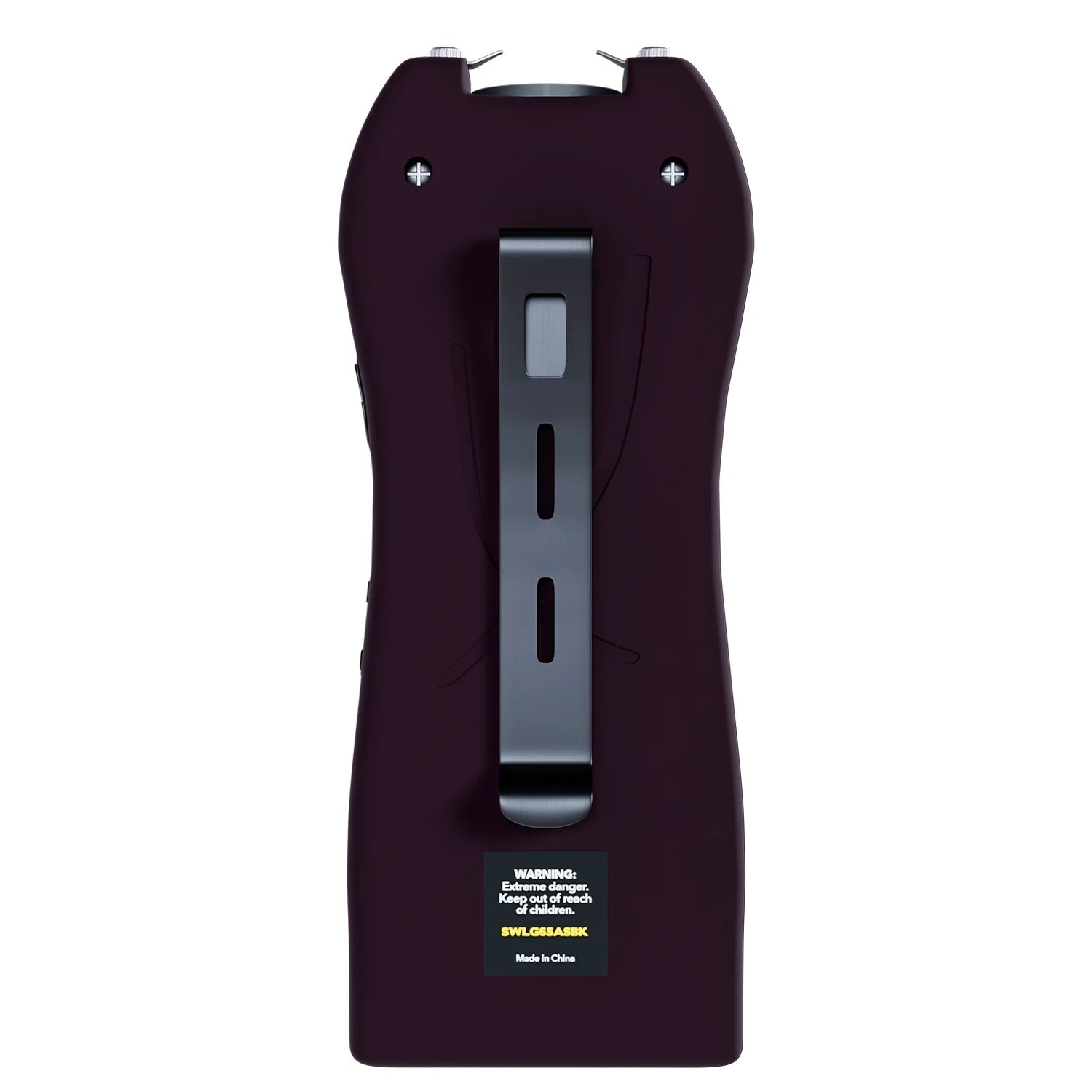 Streetwise black Lifeguard Auto Stun Gun back view showing belt clip attachment