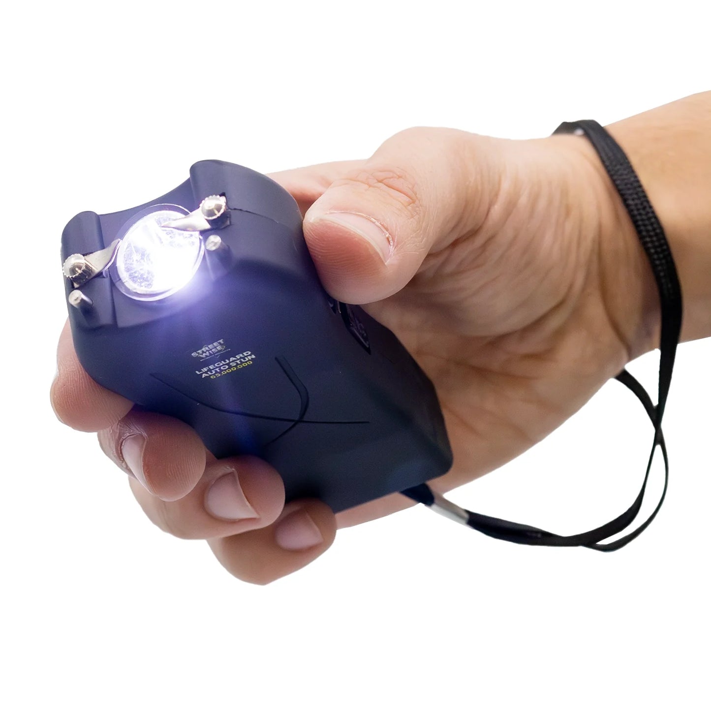 Streetwise black Lifeguard Auto Stun Gun LED flashlight on, demonstrating dual function