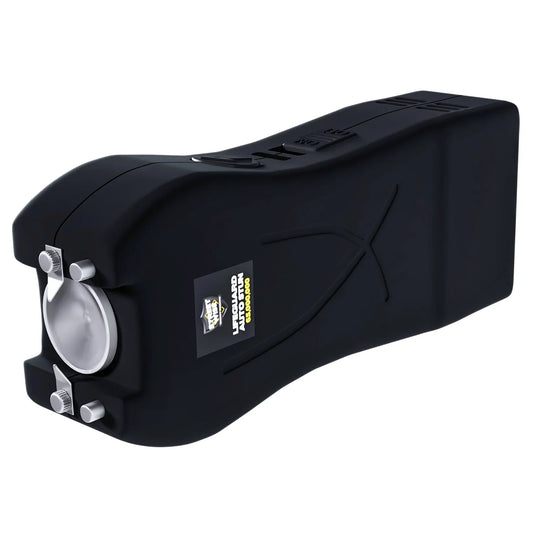 Lifeguard 65,000,000 stun gun with auto stun technology, LED flashlight, rubberized coating, and USB charging cable.