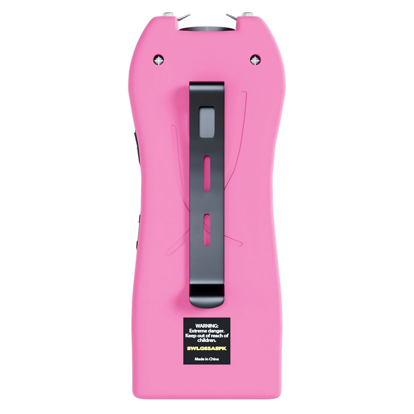Streetwise pink Lifeguard Auto Stun Gun back view showing belt clip attachment