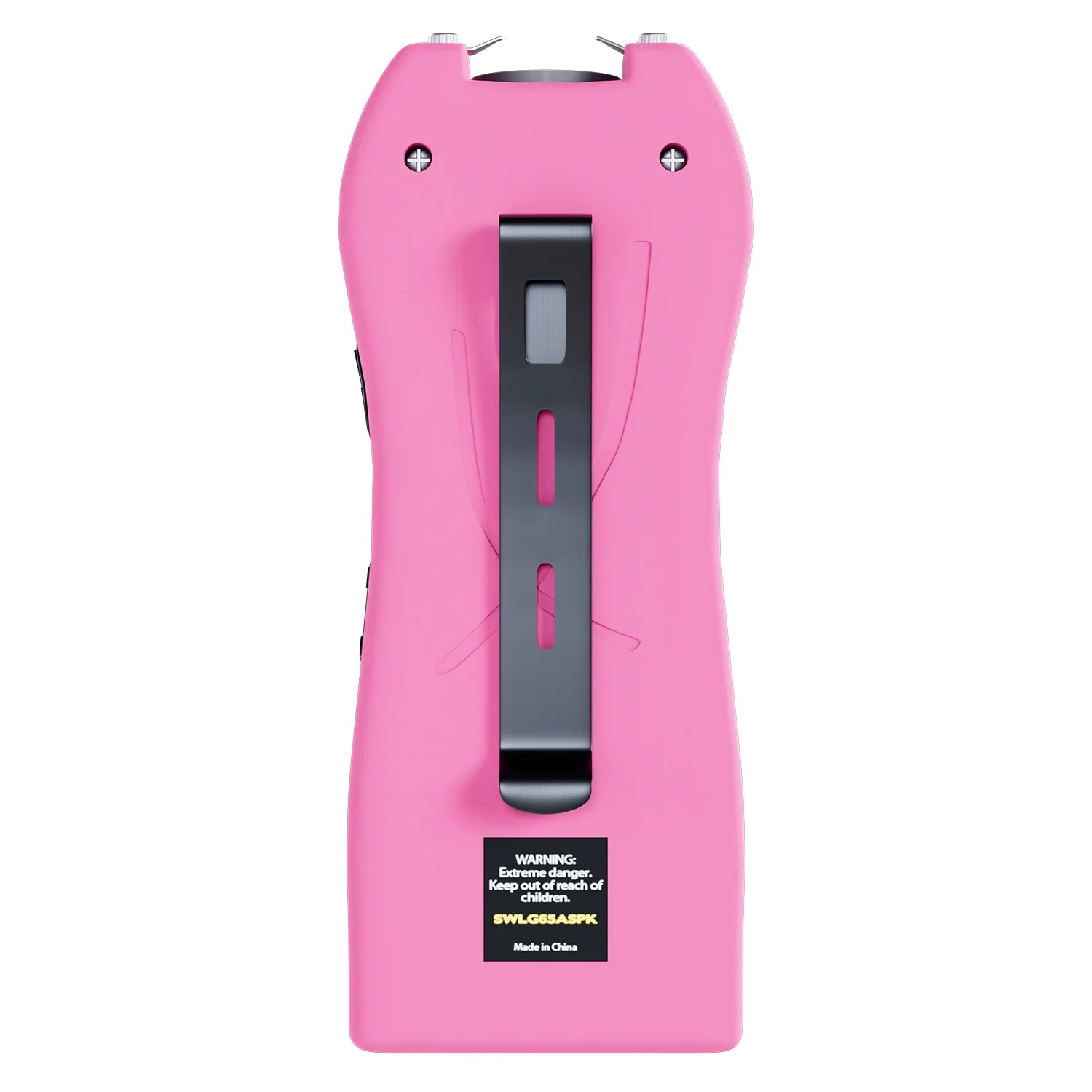 Streetwise pink Lifeguard Auto Stun Gun back view showing belt clip attachment