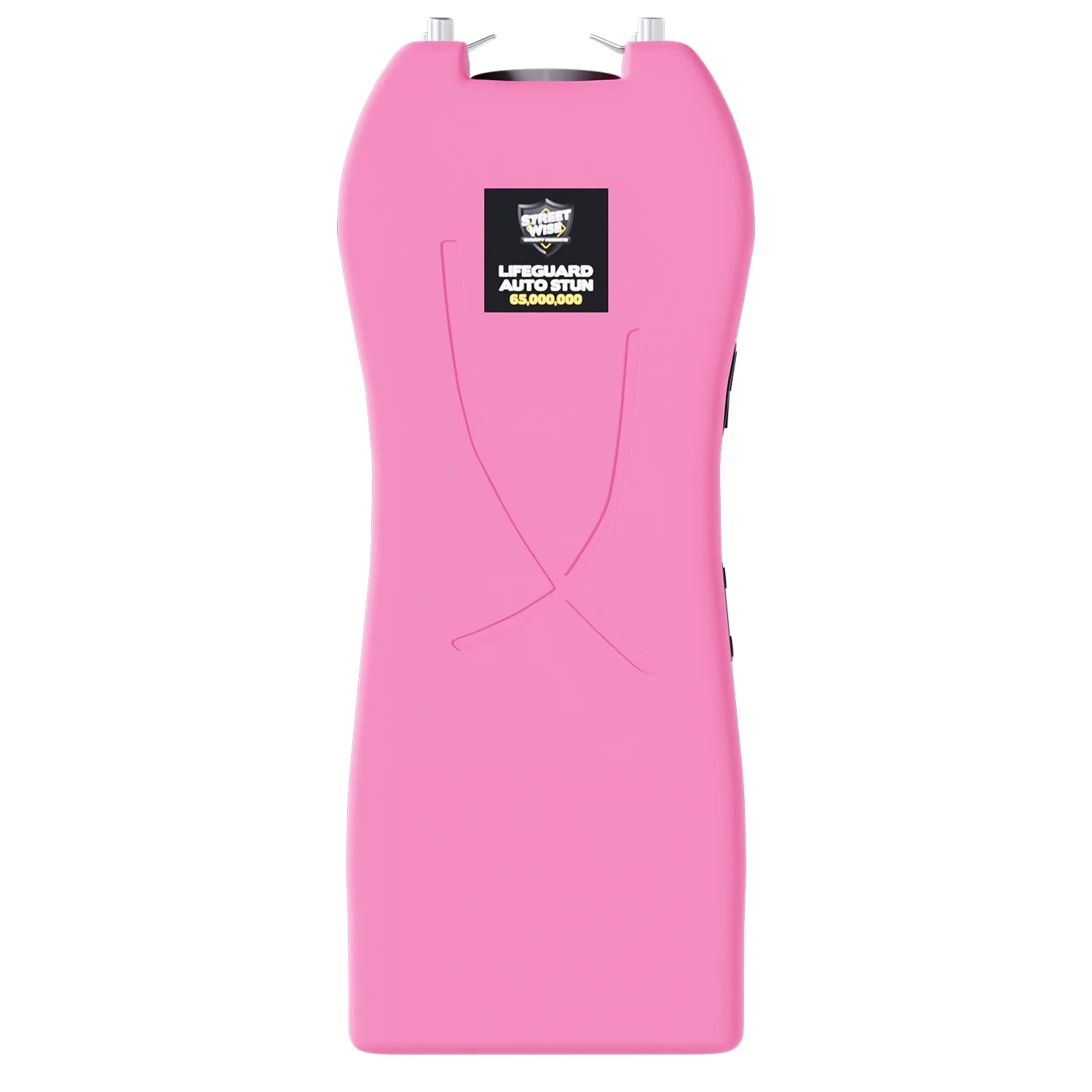 Streetwise pink Lifeguard Auto Stun Gun full front view with Streetwise Security logo