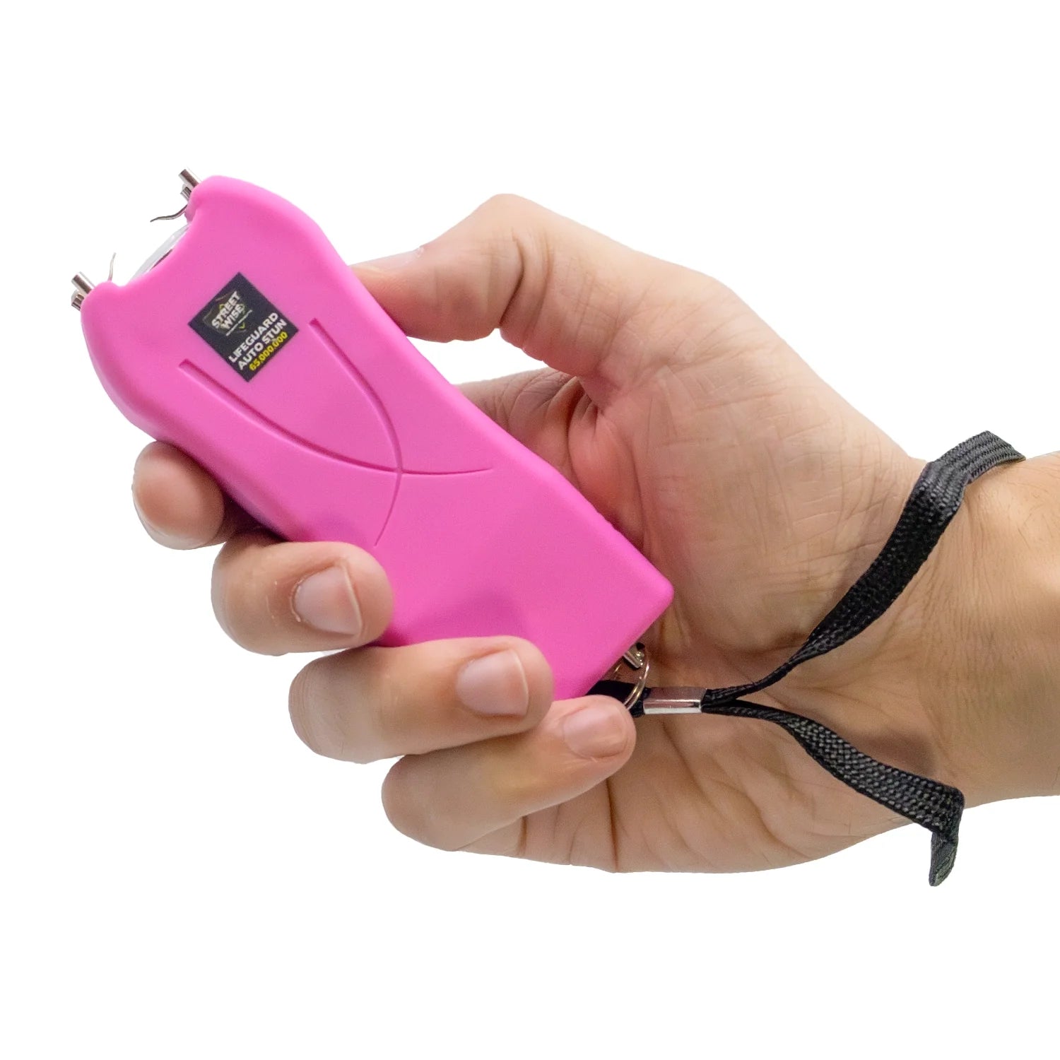 Streetwise pink Lifeguard Auto Stun Gun shown in hand for scale and grip