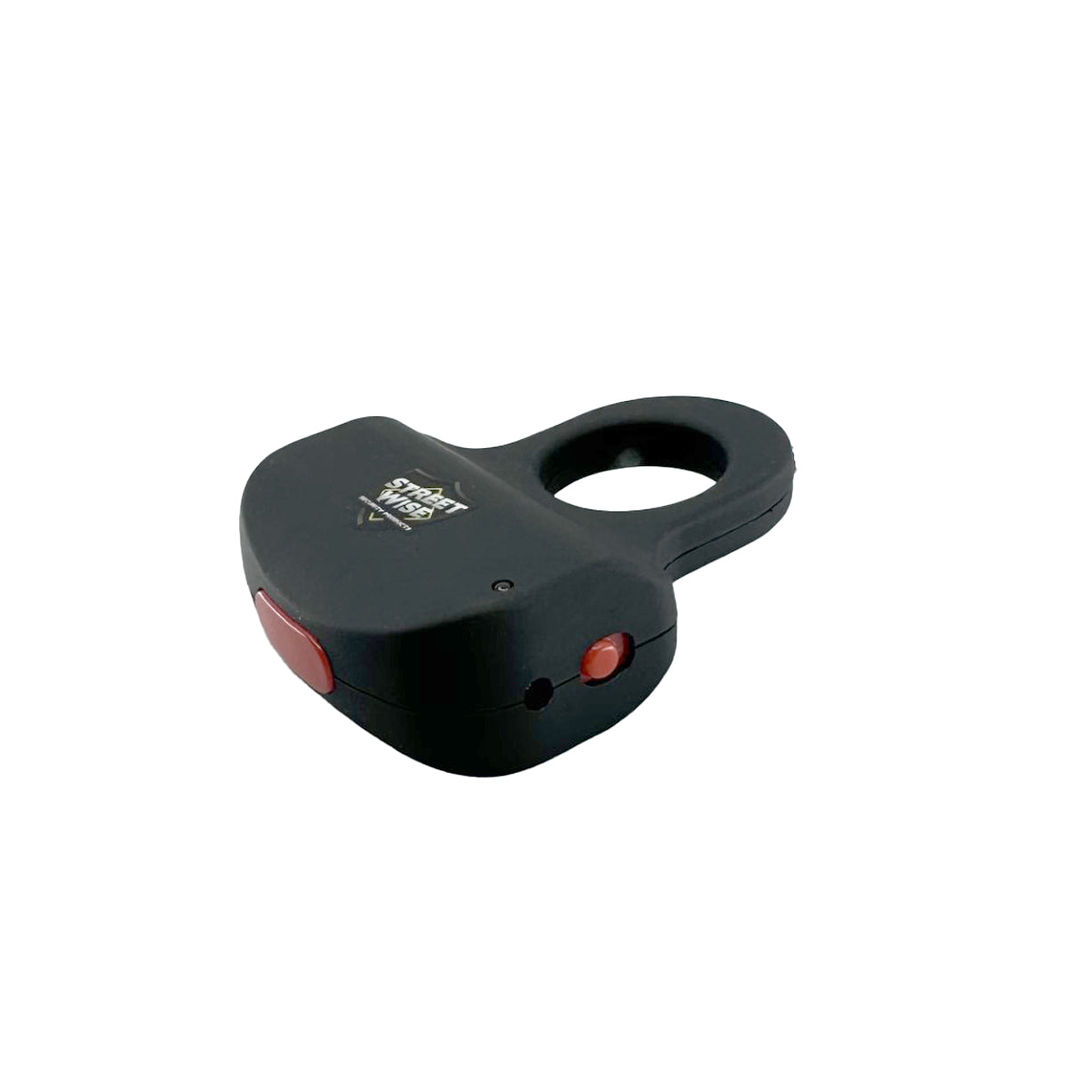 Streetwise finger ring stun gun electric knuckle black compact rechargeable self-defense product side view showing safety switch and charging port