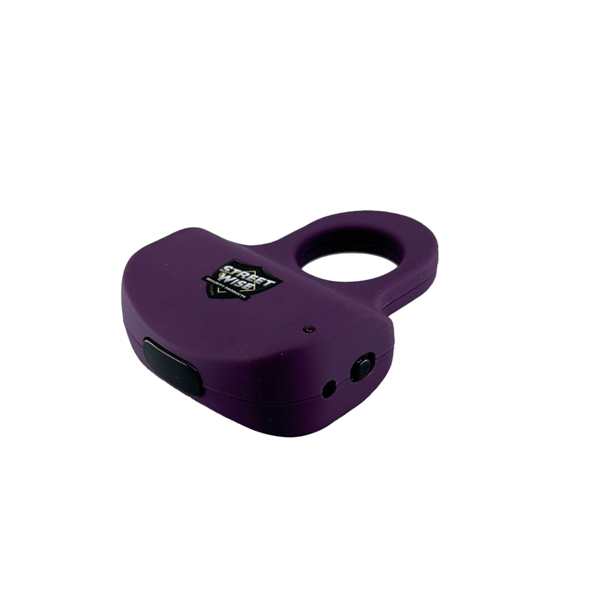 Streetwise finger ring stun gun electric knuckle dark purple compact rechargeable self-defense product side view showing safety switch and charging port