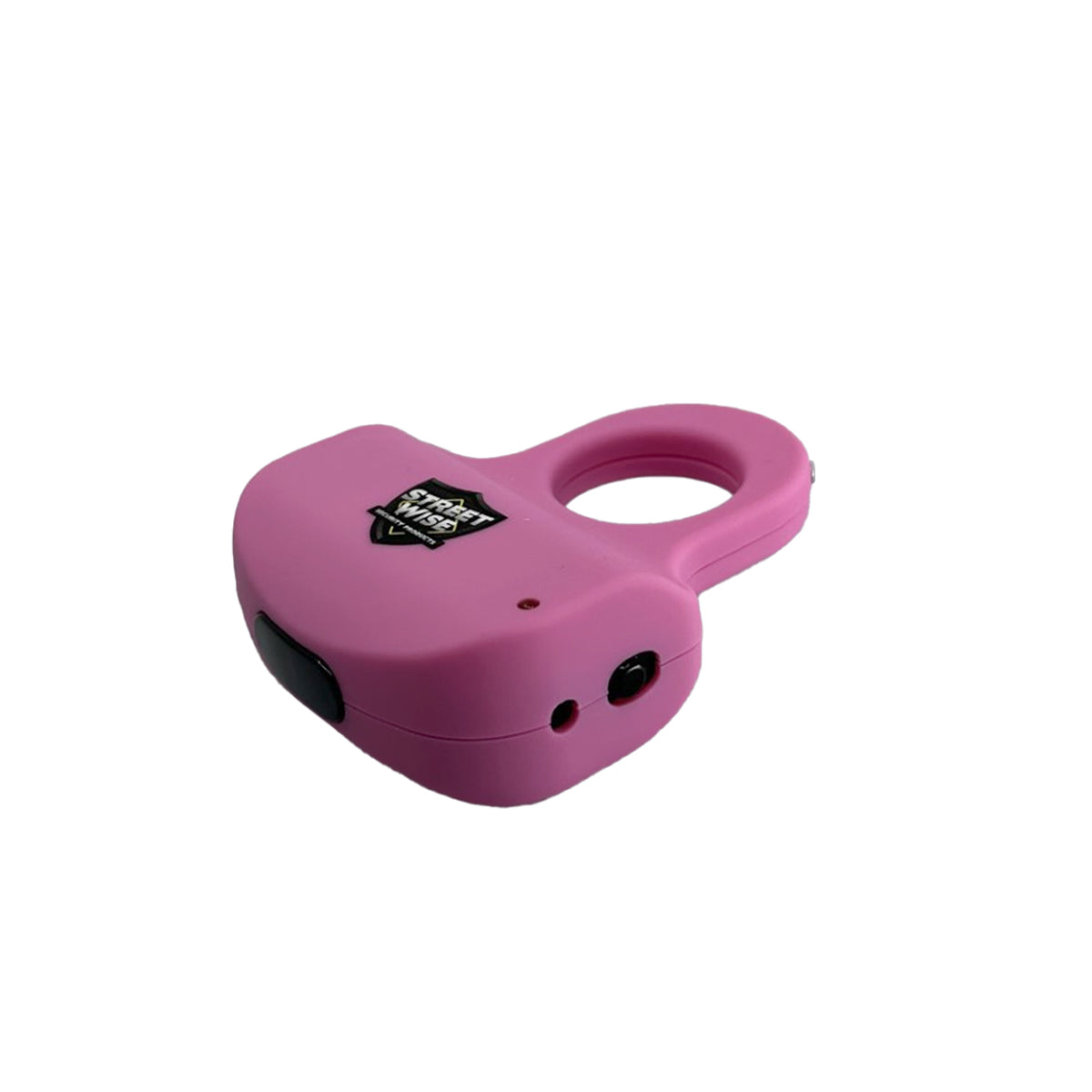 Streetwise finger ring stun gun electric knuckle pink compact rechargeable self-defense product side view showing safety switch and charging port
