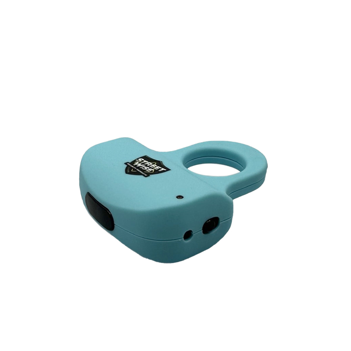 Streetwise finger ring stun gun electric knuckle teal compact rechargeable self-defense product side view showing safety switch and charging port