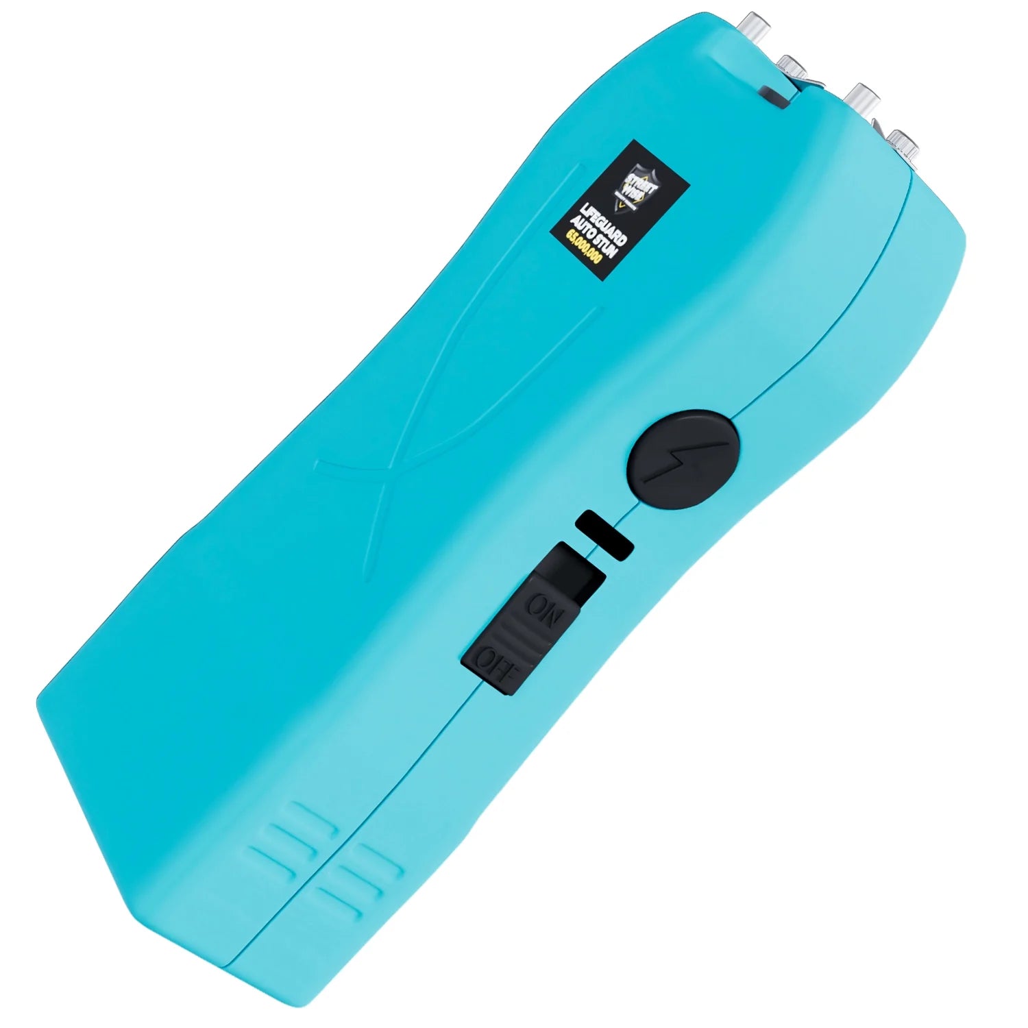 Streetwise teal Lifeguard Auto Stun Gun side angle showing power switch and design