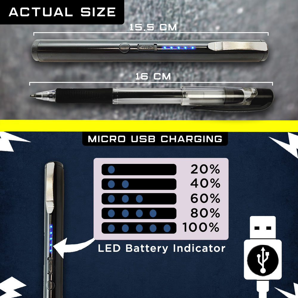 Streetwise stun pen showing actual size next to writing pen, showing battery light indicators