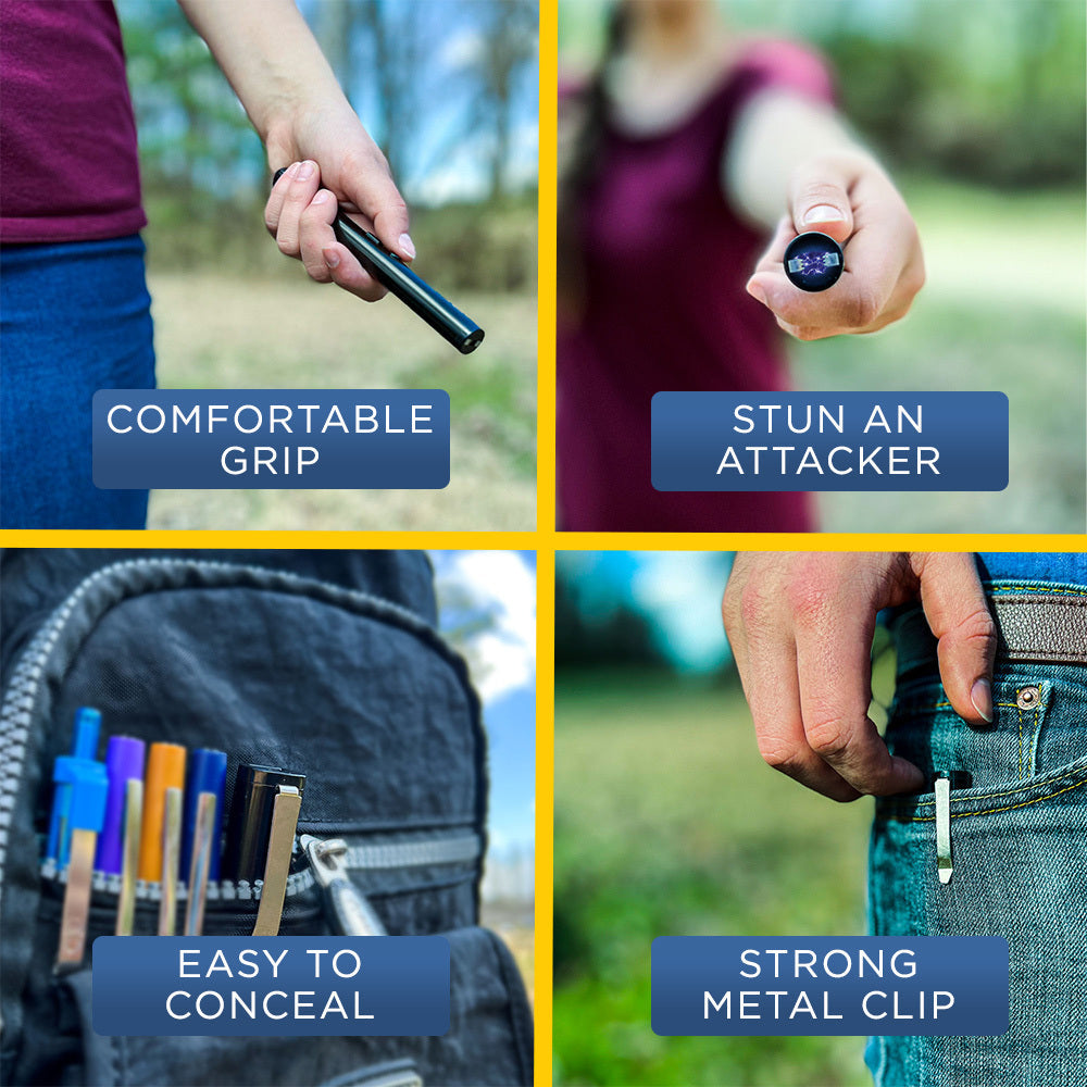 Streetwise disguised stun pen lifestyle images showing product in hand, backpack, and clipped to belt