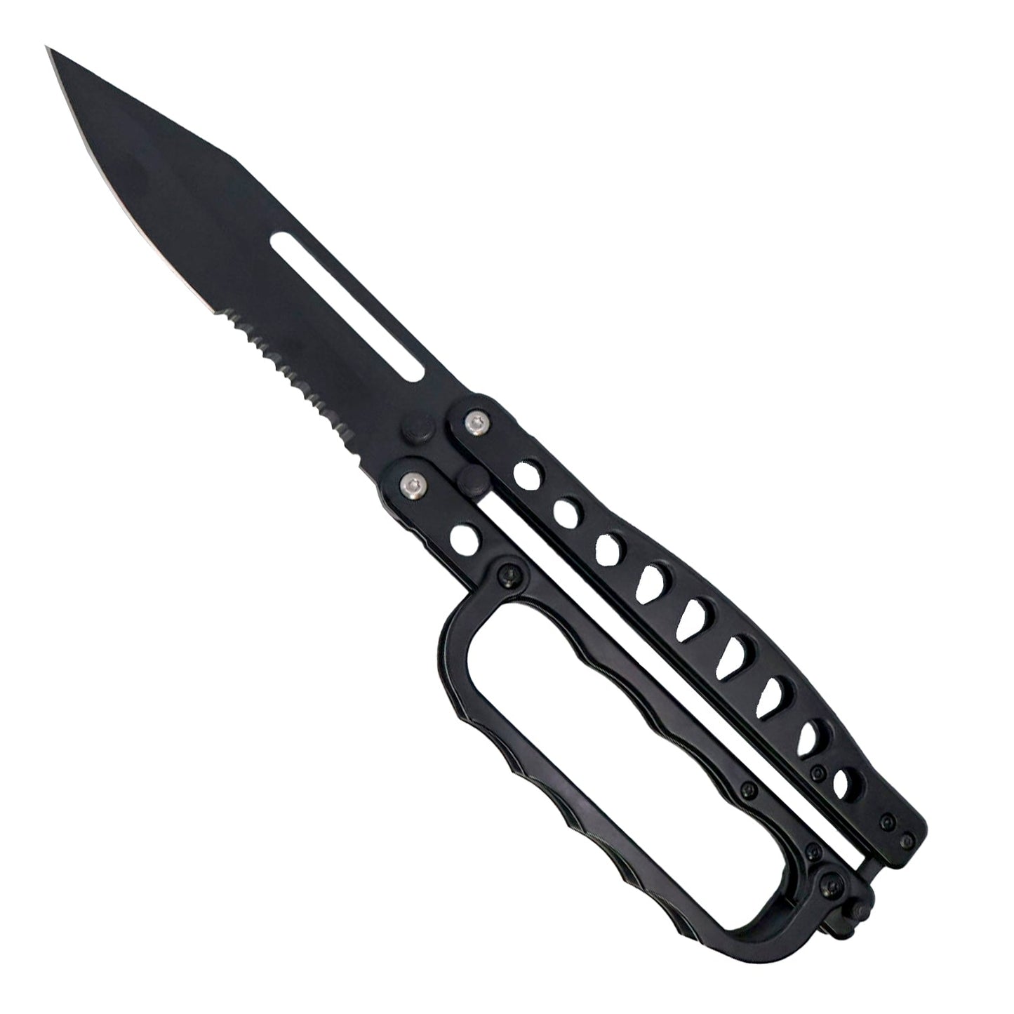 Open view of black tactical butterfly trench knife with serrated stainless steel blade and integrated knuckle grip handle.