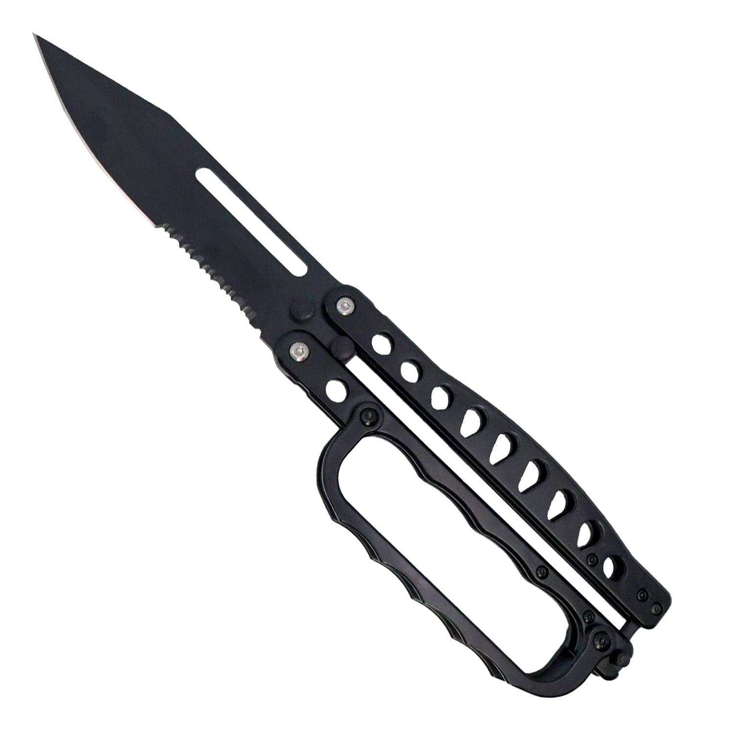 Open view of black tactical butterfly trench knife with serrated stainless steel blade and integrated knuckle grip handle.
