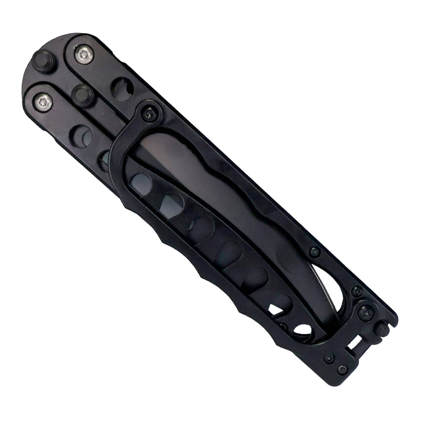 Closed tactical butterfly trench knife showing black metal handle with finger guard and durable folding hinge design.