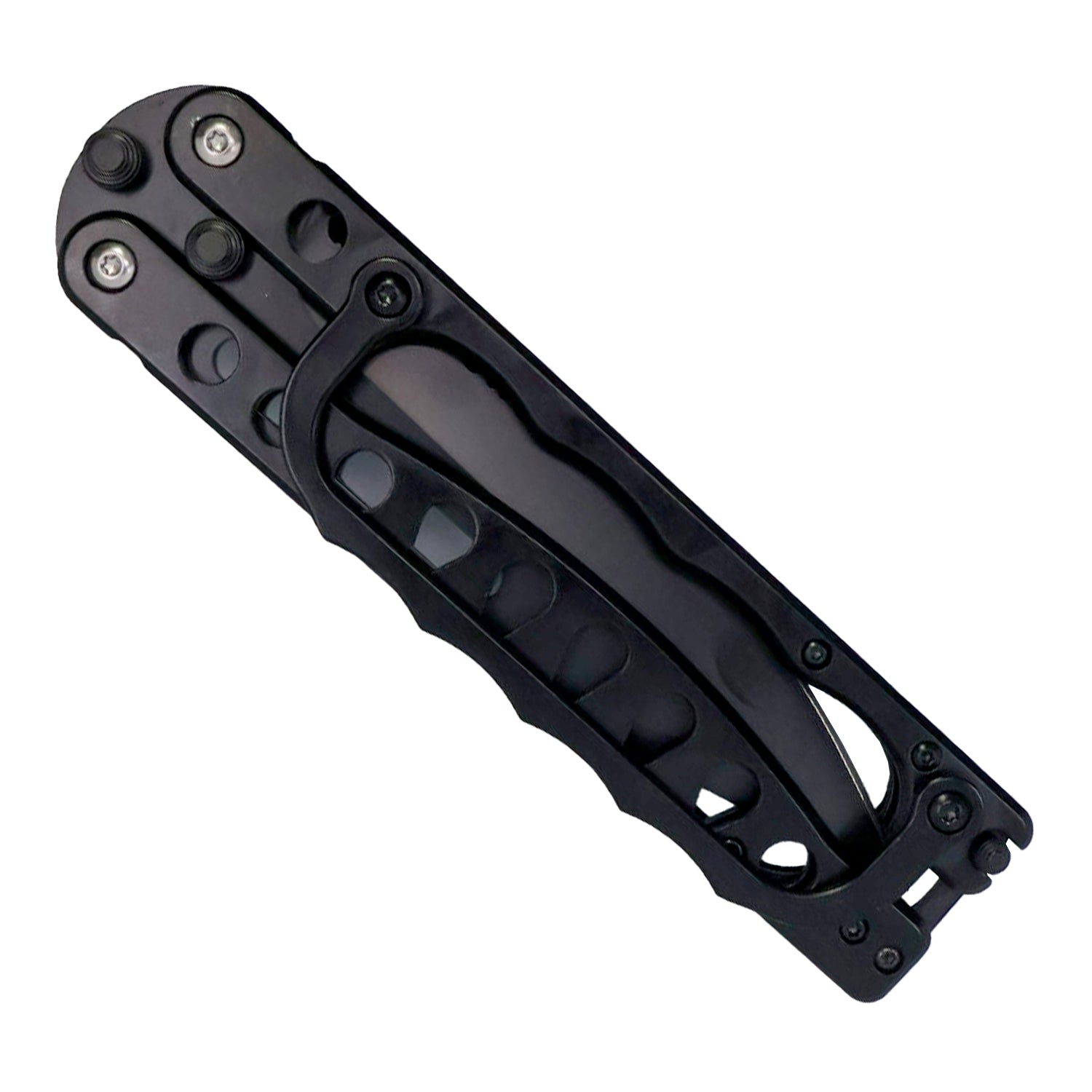 Closed tactical butterfly trench knife showing black metal handle with finger guard and durable folding hinge design.