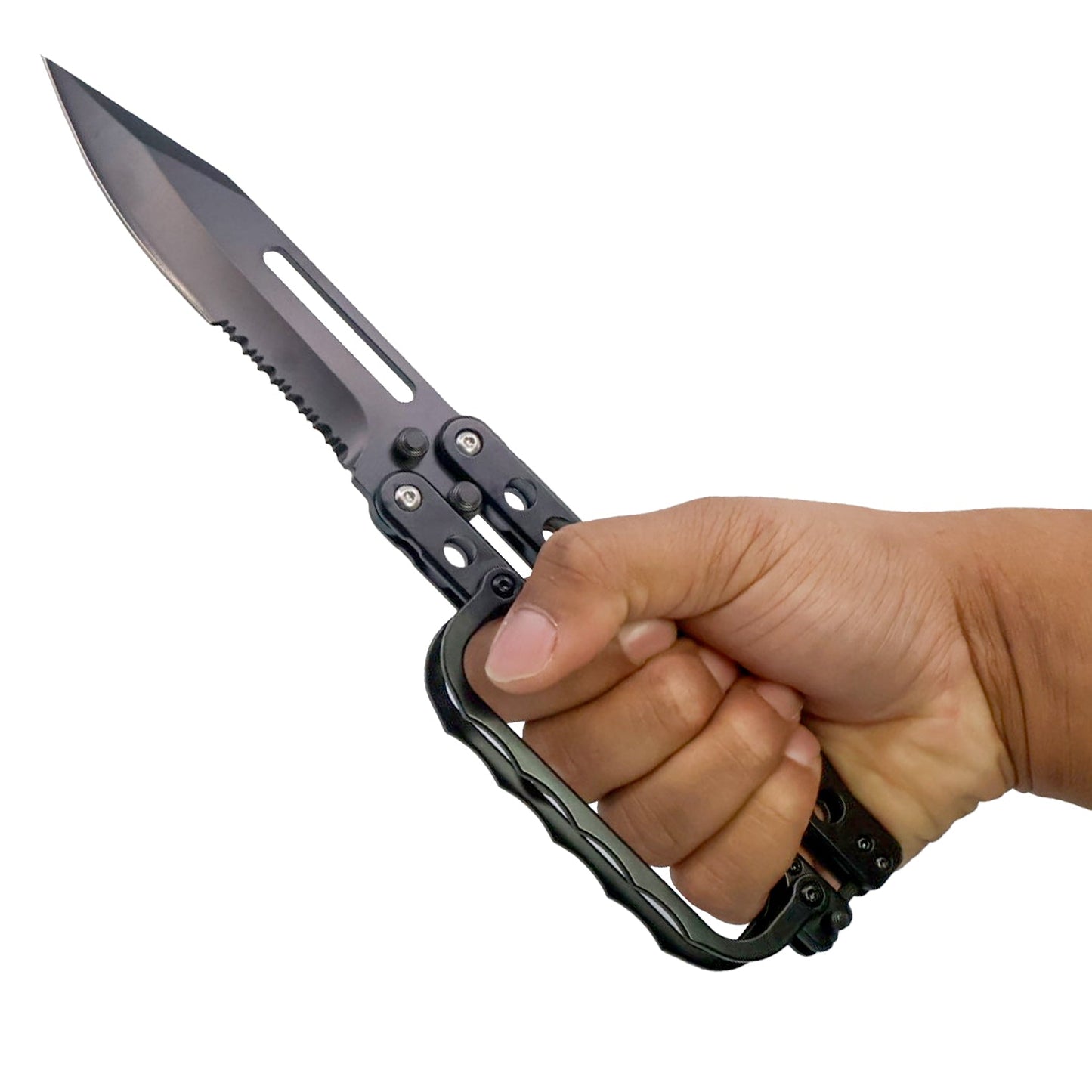 Tactical butterfly trench knife with knuckle handle shown in hand, featuring serrated edge and black stainless steel blade.