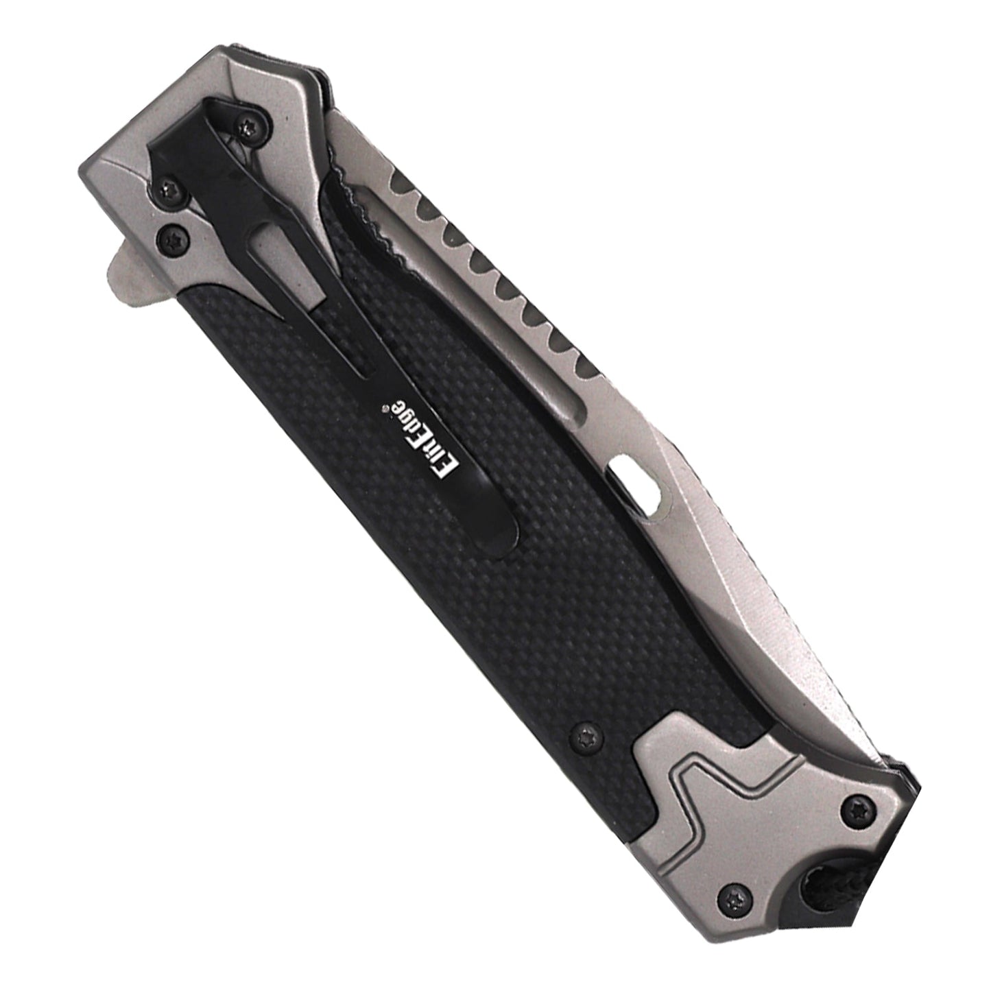 Wholesale 5 inch spring assisted titanium folding knife shown closed with pocket clip and textured handle