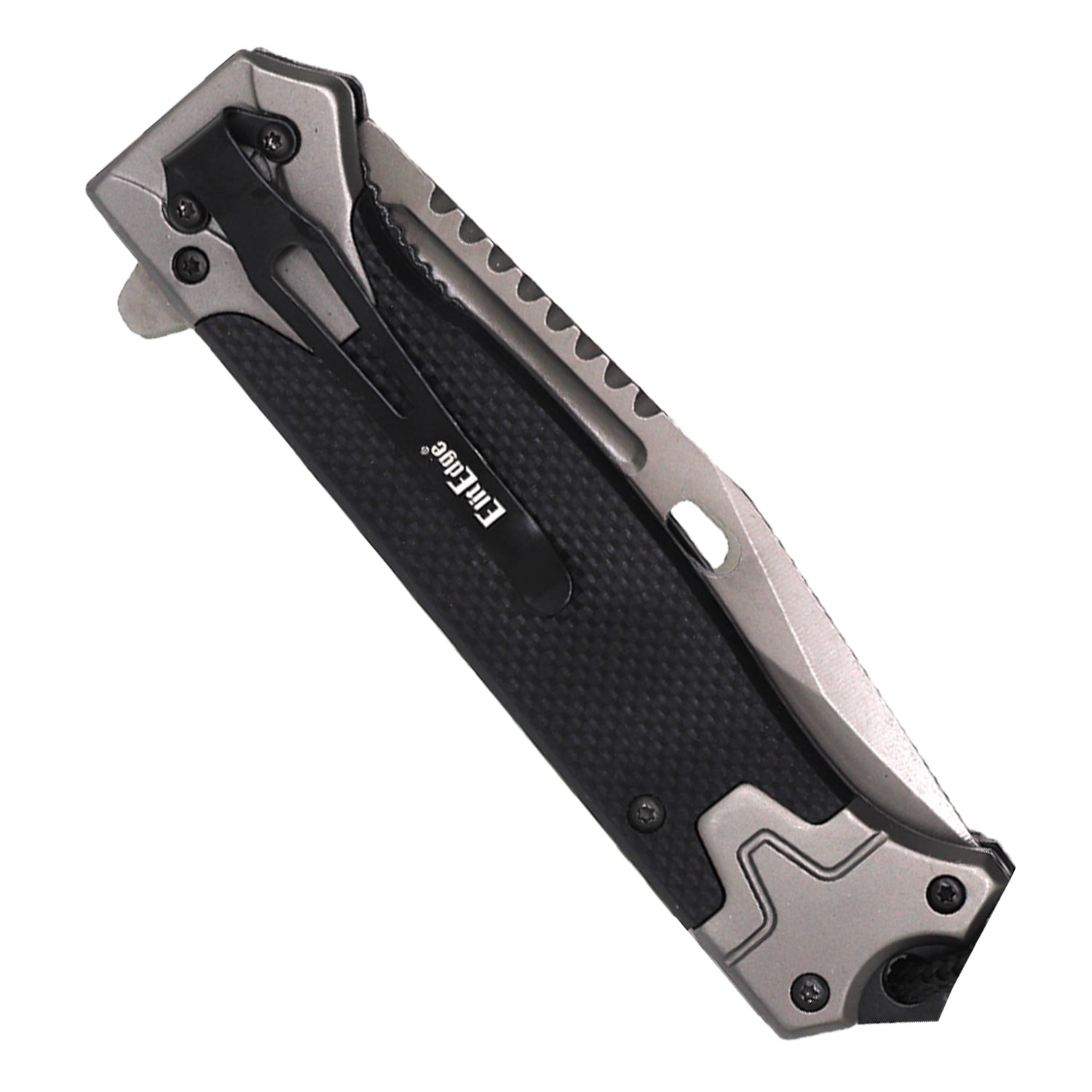 Wholesale 5 inch spring assisted titanium folding knife shown closed with pocket clip and textured handle